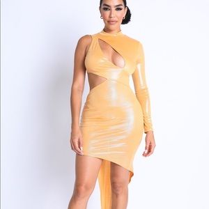 Foil Asymmetric Sleeve And Cut Out Midi Dress